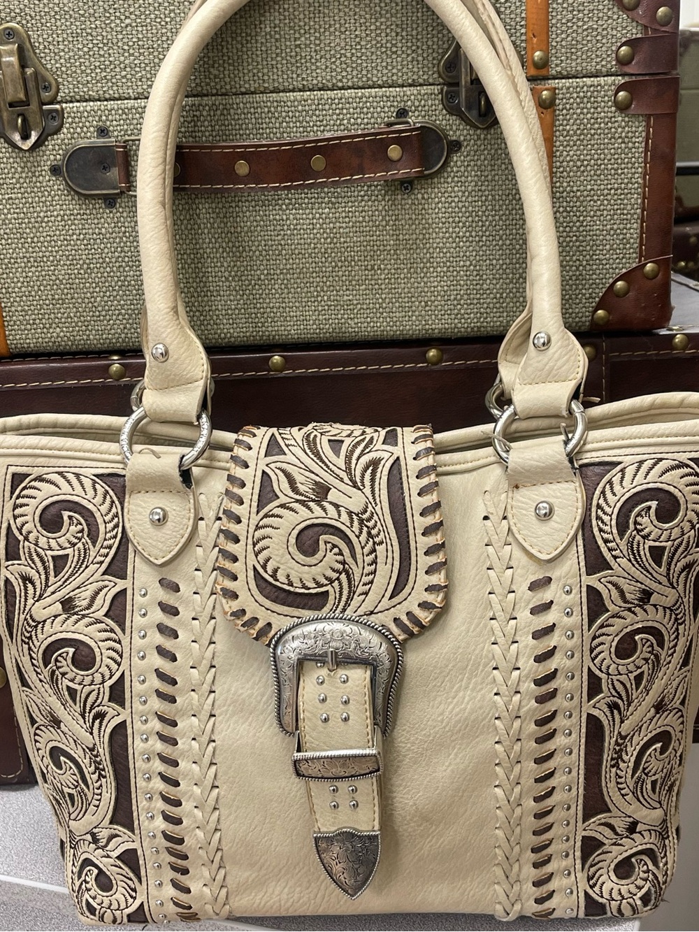 Montana West Ivory and Brown Tooled Leather Shoulder Bag with Silver Buckle